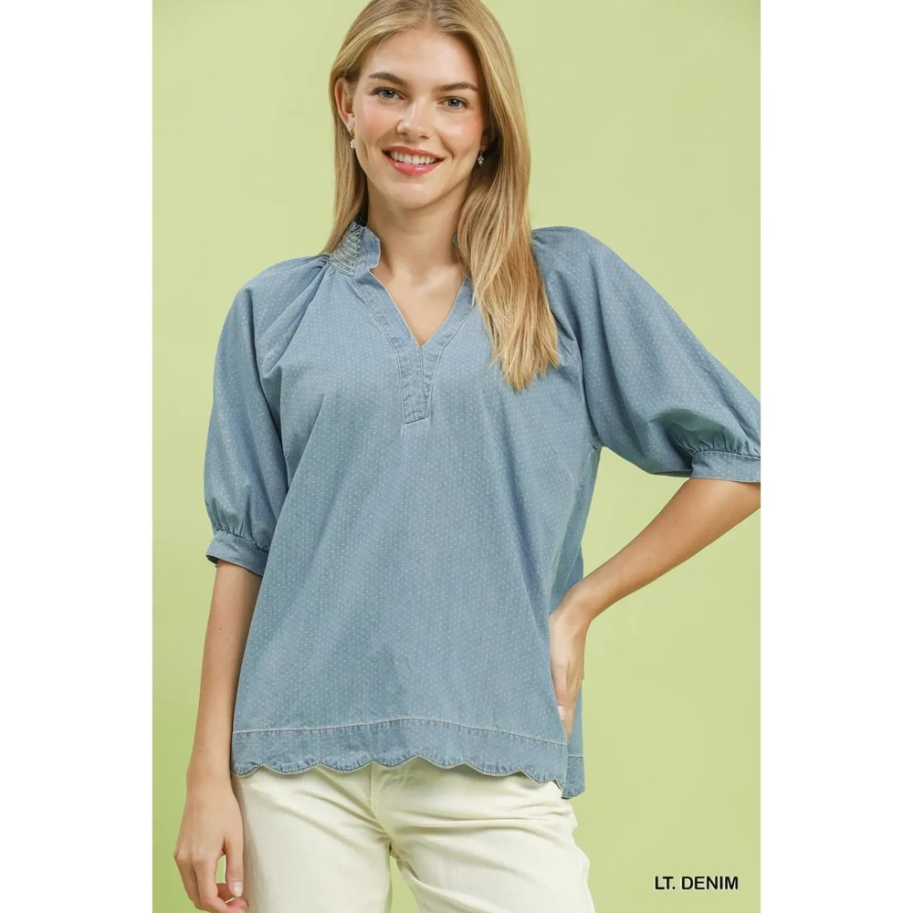 Umgee Textured Puff Sleeve Scallop Hem Blouse - Medium‎
